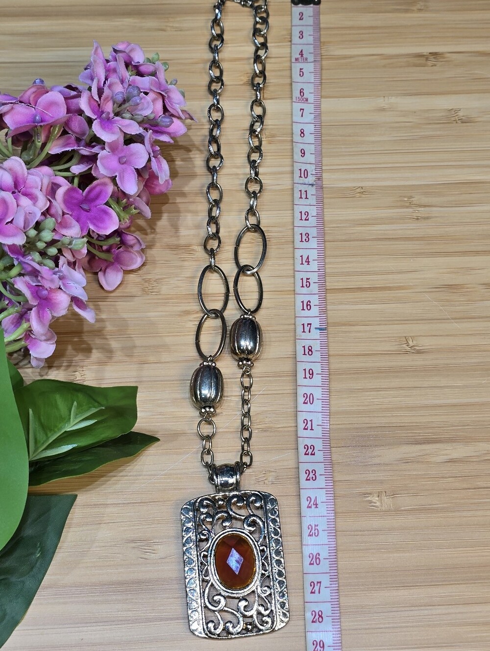 Silver-tone Filigree Pendant Necklace with Amber Stone - Women Jewelry